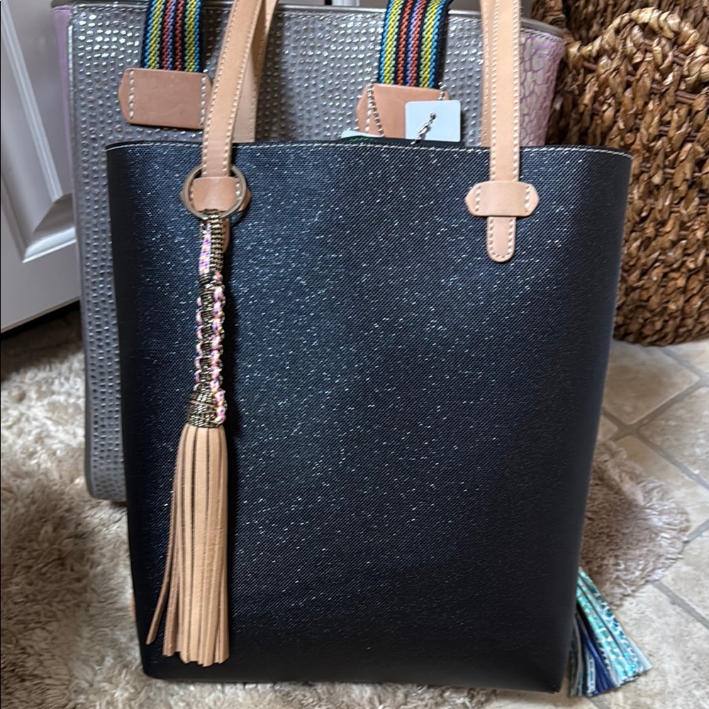 Consuela Black Tote with Tan and Rainbow Accents